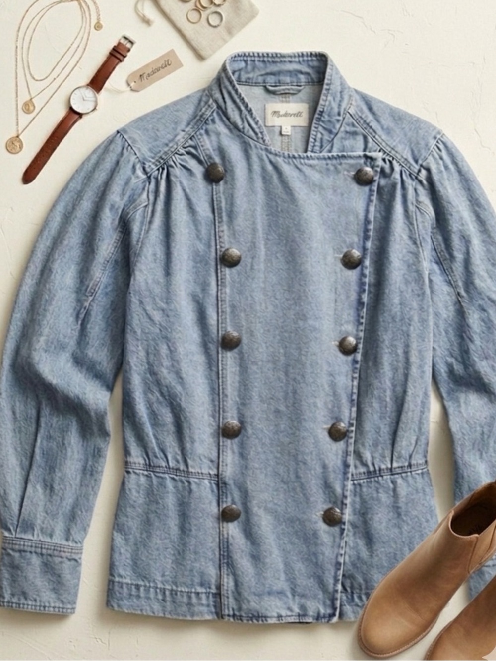 Free People We The Free M Imogene Denim Officer Jacket Military Utility Coastal - Picture 12 of 14